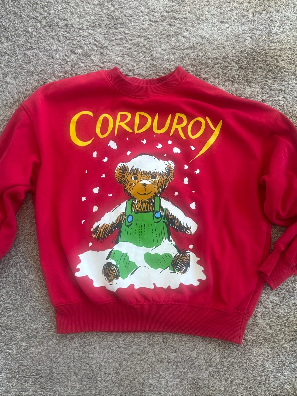 Nostalgic Vibes Ripple Junction Red Corduroy Bear Graphic Crewneck Sweater